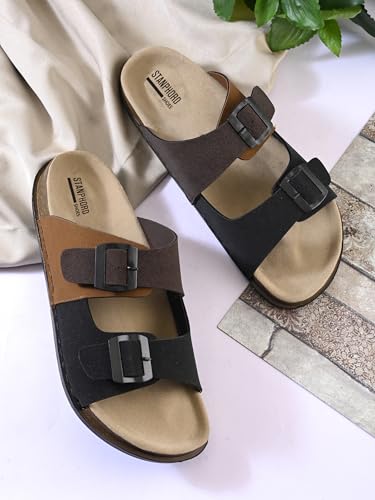 Image of STANPHORD mens Men Sandals Stanphord Men's Brown & Tan Adjustable Buckle Comfort Sandals | Lightweight Slip-On Open Toe Casual Sandal with Cushioned Footbed & Anti-Slip Sole for Daily Wear, Walking & Summer - TPAI 14827 BROWN-9