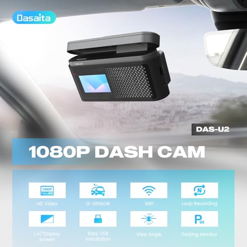 Dasaita USB Dash Cam 1080P Car Camera, Front Dash Camera for Android Car Stereo, with 1.47" IPS HD Display, 170°Wide Angle, WiFi, WDR, G-Sensor, Loop Recording, Free 32GB Card，Night Vision - DAS-U2 - image 2