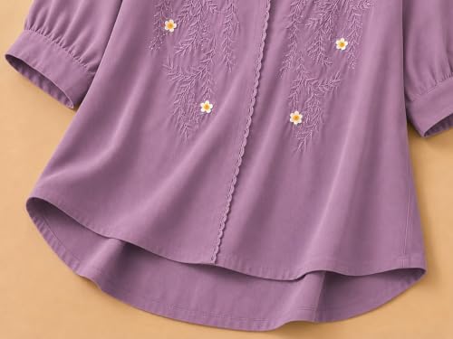 Image of RIEKA Womens Embroidered Korean Style Top and Tunic; V Neck| Floral Thread Embroidery| Three Quarter Puff Sleeves |Relaxed Fit Curved Hem| Casual Everyday Fusion Top