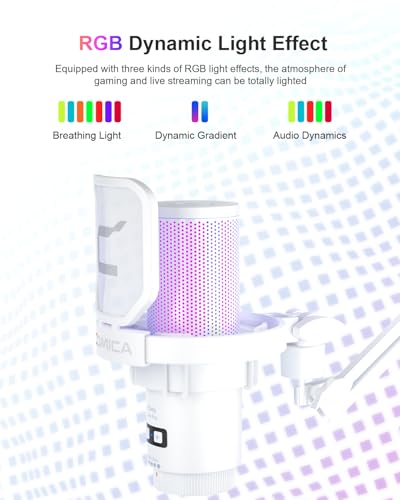 COMICA コンデンサーマイク ストリーミングマイクUSB-C 単一指向性 48kHz/24bit RGB ライト リアルタイムモニタリング USB PC/PS5/PS4/ スマホ対応 配信/録音/テレワーク YouTube Skype Discord Zoom ゲーム実況 ストリーミング ポッドキャスト チャット ライブ配信 web会議 (ホワイト, ワイヤレス・マイクアーム)