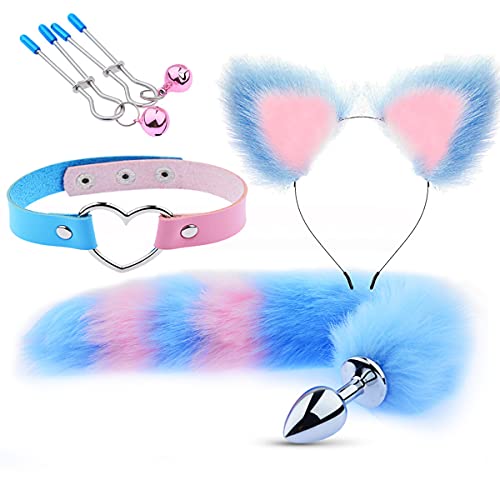 ChicLSQ Analplug Paaren Cosplay mit Fuchsschwanz+Plüsch Katze Ohren Stirnbänder Haarschmuck Sex Spielzeug Set Für Männer Frauen Paare 4 PCS SM Analspielzeug Sexspielzeug für Frauen(Blau)