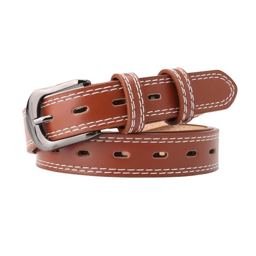 Women's Leather Belt with Contrast Stitching, Brown, Slim Design