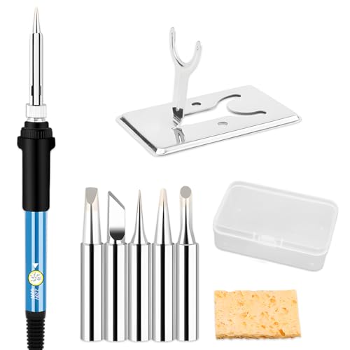 WUSJCOF Juego de 1 set, Soldador con Modo de Reposo Automático, de Estaño y Cautin Temperatura Ajustable 180-480°C, 5 Pcs Puntas Diferentes, Ideal para Profesional y Electrónica (Azul)