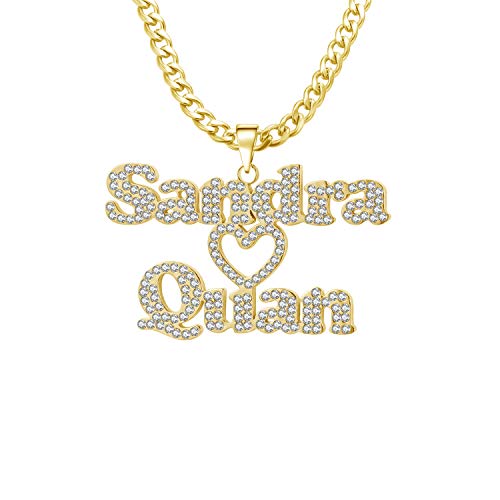 Qitian Couple Name Necklace Personalized Customized Crystal Diamond Name Mens Necklace Customized 2 Name Necklace Custom Gift for Wife, Friend, Sister, Couple