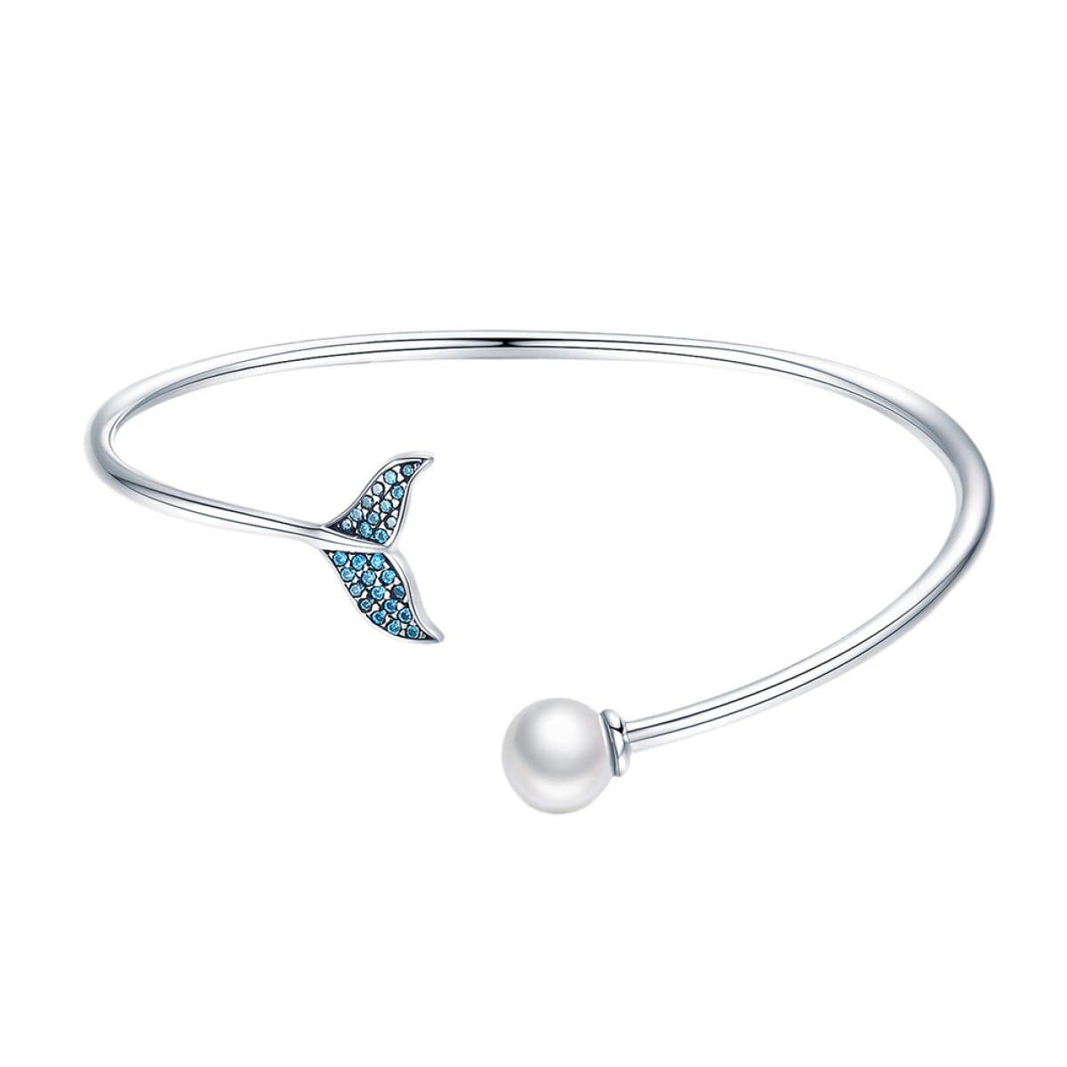 Bracelet ouvert argent S925 perle bleue et queue de sirène élégante - 8