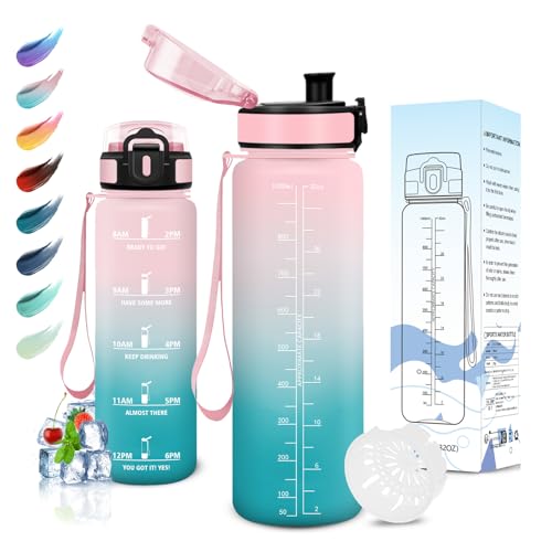 Motswedi Borraccia 1 litro, Senza BPA, Borraccia Palestra, Prova di Perdite, Borraccia Motivazionale, con Filtro, Borraccia Sportiva, Bottiglia Acqua per Bici, Scuola, Palestra, Ufficio, Rosa Verde