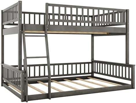 Full XL Over Queen Bunk Bed for Kids/Adults,Queen Size Floor Bunk Beds with Inclined Ladder,Solid Wood Low Bunk Bed,Detachable Bunk Beds for Teens,Girls,Boys(Gray)