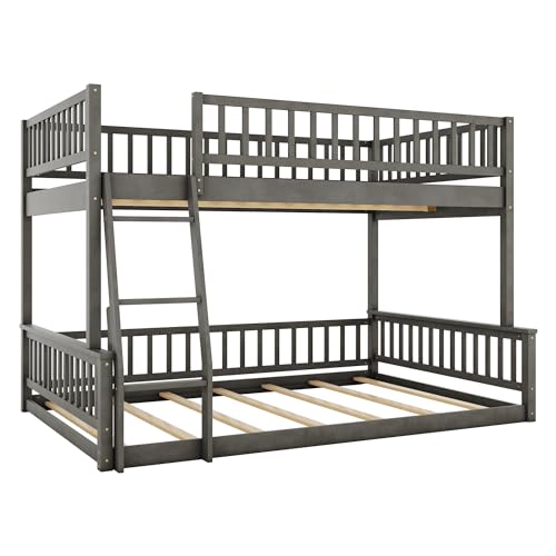 Full XL Over Queen Bunk Bed for Kids/Adults,Queen Size Floor Bunk Beds with Inclined Ladder,Solid Wood Low Bunk Bed,Detachable Bunk Beds for Teens,Girls,Boys(Gray)