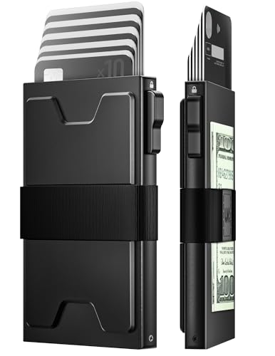 Slim Card Holder Wallet for Men, RFID Blocking Minimalist Mens Wallet, Metal Pop Up Wallet with Cash Band (Black)