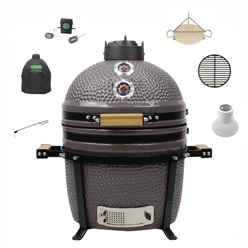 YNNI KAMADO TQTT15GY Kamado de pie libre de 15.6 pulgadas, parrilla, gris, barbacoa, cerámica, huevo, ahumador, paquete con ExtrasTQTT15GY