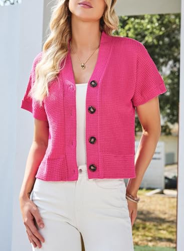 Image of Dokotoo Womens Summer Tops 2026 Waffle Knit Button Down Shirts | Trendy,V Neck,Loose Fit,Jacket,Short Sleeve,Summer Cardigan,Cropped,Shacket,Going Out Outfits,Dressy