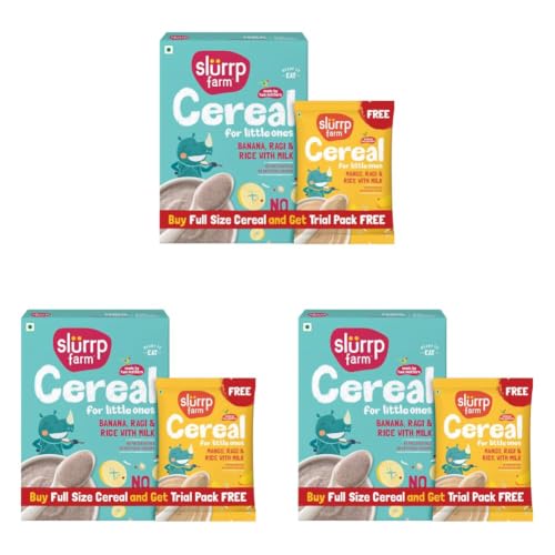 Image of Slurrp Farm No Added Sugar Instant Cereal | Ragi, Rice and Banana with Milk | Free Mango Cereal Trial Pack | 200g + Free 50g (Pack of 3)