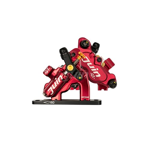 Juin JuinTECH GTF-4 4-Piston Hybrid Hydraulic Disc Brake Calipers – Front & Rear Set (2 Calipers, No Rotor), Flat Mount, Cable-Actuated for Mechanical Road Levers, Rear 160mm Direct (Red)