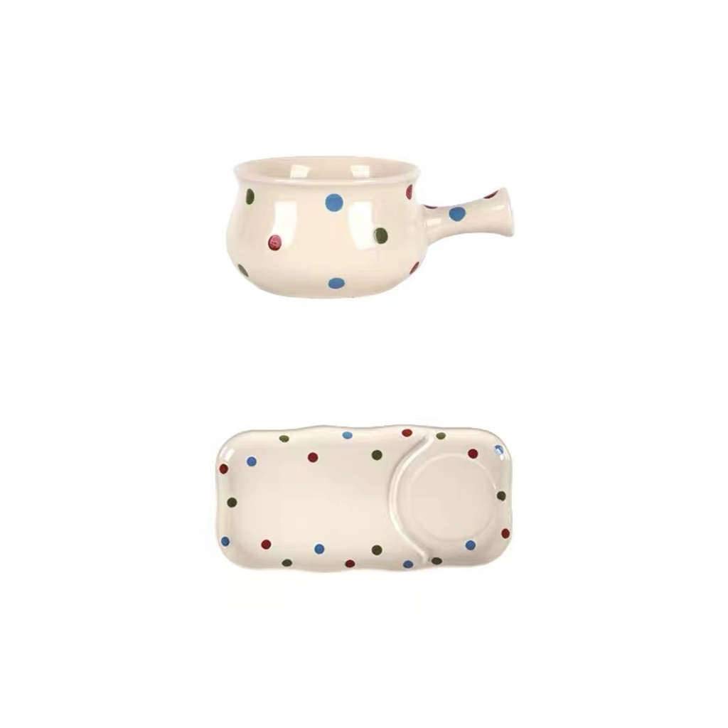 Suppenschüsseln mit Griff Tupfen Keramik Haferflocken Frühstück Instant-Nudeln Backen Gebackener Reis Süße Kinder Verbrühungsschutz 550ML-Beige + Teller