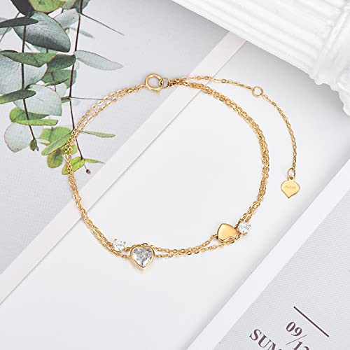 14K Real Gold Heart Layered Bracelet for Women Yellow Gold Heart Bracelet Fine Jewelry Birthday Anniversary for Girlfriend Wife3
