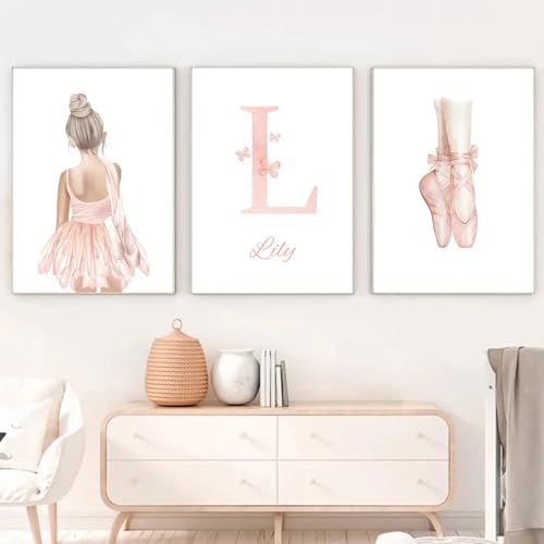 Youihom 3 Affiche Chambre Enfant Fille Prenom Tableau Danseuse Rose Poster Mural Chambre Bebe Fille Personnalisé Affiche Ballerines Fille Cadeau Toile 30x40 sans Cadre