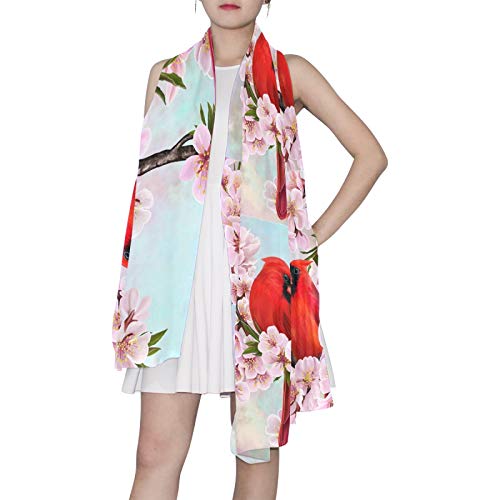 Oyihfvs Two Red Cardinal Bird On Branch Almonds Blossom Flowers Women Long Silk Scarf, Shawl Chiffon Large Stole Headscarf, Lightweight Sunscreen Satin Scarves Wraps For Wedding Party Gift #TOP4
