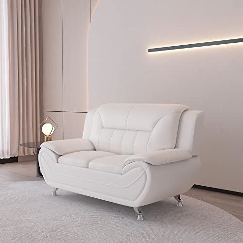 Container Furniture Direct Michael Modern Faux Leather Upholstered Stainless Steel Legs Living Room, Loveseat, Milky White #TOP29