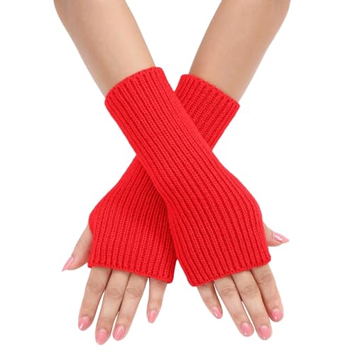Kielsjajd Weiche Strick Handstulpen - Halb Fingerlose Handschuhe für Mädchen, Mode Warme Finger Handgelenk Armstulpen (Rot, One Size)