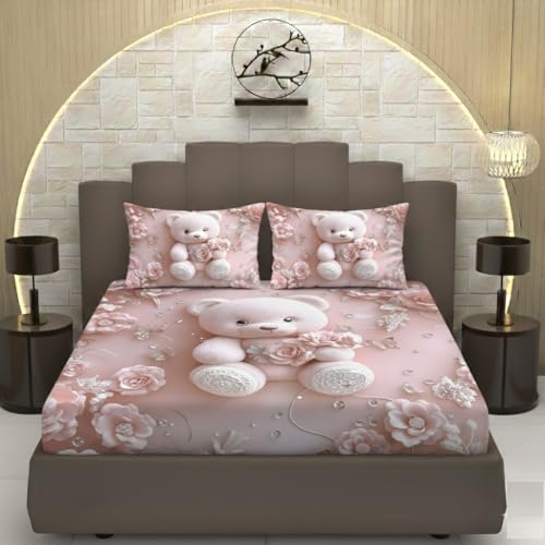 Image of Premium 7D Printed King Size Bedsheet Set with Pillow Covers Soft Cotton Blend Double Bedsheet for Home (Pillow Covers :18x28 inches Bedsheet :90x100 Pink Teddy)