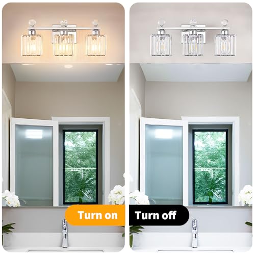 Image of Lxybcce 18.8 Inch Bathroom Vanity Light with Clear Crystal Shades, 3-Light Chrome Modern Fixture for Mirror, Easy Installation & Dimmable Lighting, Shadow-Free Illumination for Bathroom Mirror Decor