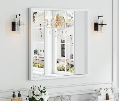 Syndra Square White Wood Frame Bathroom Mirror, 32''x32'' Modern Vanity Mirror for Wall, Waterproof Slim Deep Frame, HD Tempered Glass Mirror for Living Room, Bedroom, Entryway, Rustic, Farmhouse