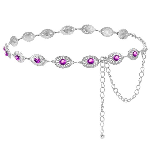 Western Turquoise Concho Chain Belts for Cowgirl, Metal Hollow Boho Floral Design Womens Belt for Dresses Jeans Pants