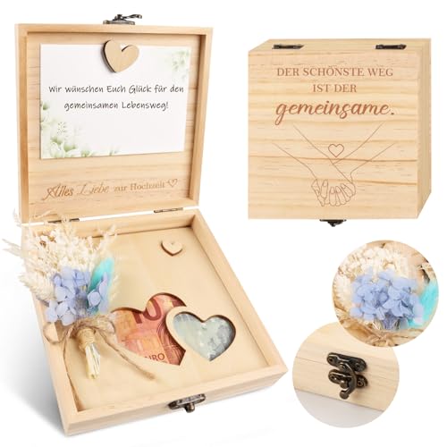 TUZELIYA Geldgeschenk Hochzeit Holz mit Hochzeitskarte Trockenblumen, Hochzeitsgeschenke für Brautpaar Geldgeschenke Verpacken, Geschenkbox Hochzeitsgeschenk Ideen