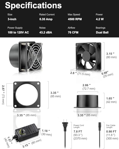 Image of GDSTIME Small Axial Exhaust Fan 80mm 12V DC Fan with AC Plug, 3 Inch Flange | Dual Ball, Variable Speed Control, for Soldering, Smoke Extraction, 3D Printer, DIY Cooling Ventilation Exhaust Projects