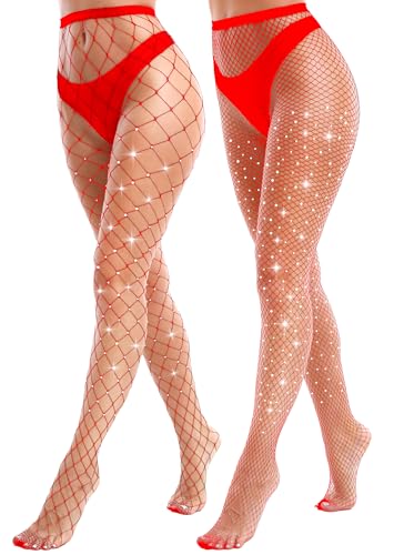 VEBZIN 2 Pack Sparkly Large And Medium Mesh Red Fishnet Tights For Women Glitter Rhinestone Fishnets Stockings