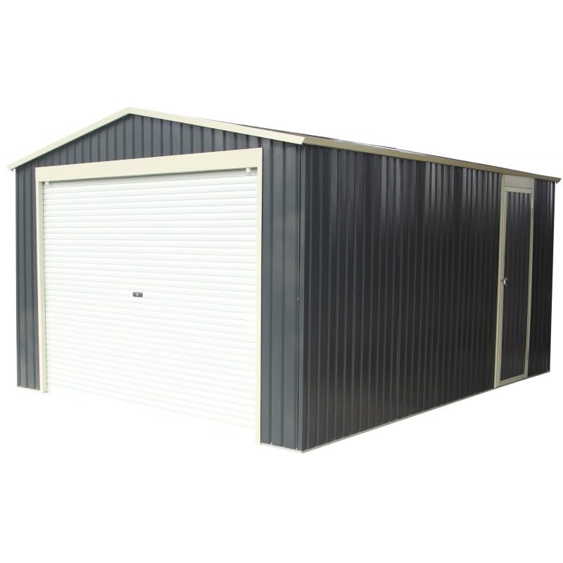 Garage en Métal Anthracite 15,14 m², 449,5 x 339 x 243 cm, 216,5 kg, avec Porte Enroulable en Aluminium et Porte de Service Latérale