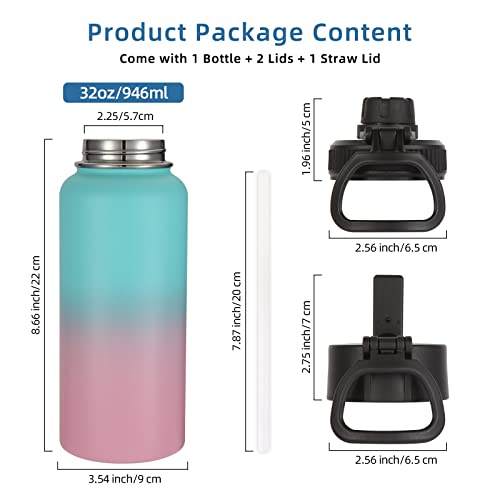 Image of Volhoply 32 oz Water Bottles Bulk 2 Pack with Straw Lid & Spout Lid,Insulated Sports Water Bottle,Double Wall Vacuum Stainless Steel Cups,Leakproof Wide Mouth Metal Flask for Travel(Green Pink,2)