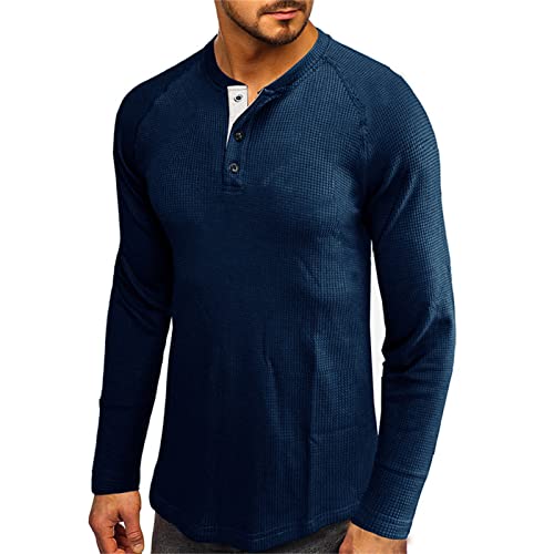Men's Henley Shirt Long Sleeve Waffle Thermal Underwear Henley Top Casual Slim Fit Lightweight 3 Button T Shirts (Blue,X-Large)