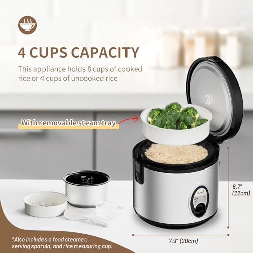 Image of Macook Stainless Steel Rice Cooker with Steamer, 4-Cup Uncooked (1.0L) /8-Cup Cooked, Electric Grain & Vegetable Cooker, Auto Keep Warm for Oatmeal, Soups & Multicooking