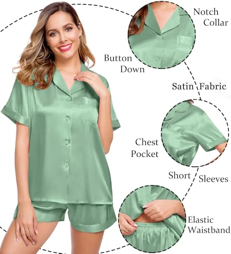 Image of LecGee Womens Silk Satin Pajamas Short Sleeve Loungewear Two-Piece Sleepwear Button-Down Pj Set