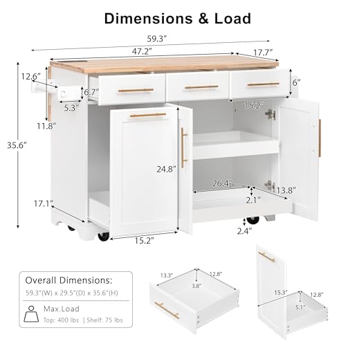 Merax 59.3\" White Kitchen Island with Storage, 2 Pull Out Cabinet Organizers & Rubber Wood Drop Leaf, Rolling Island Table with Trash Can Storage, Power Outlet, Spice & Towel Rack for Kitchen Dining