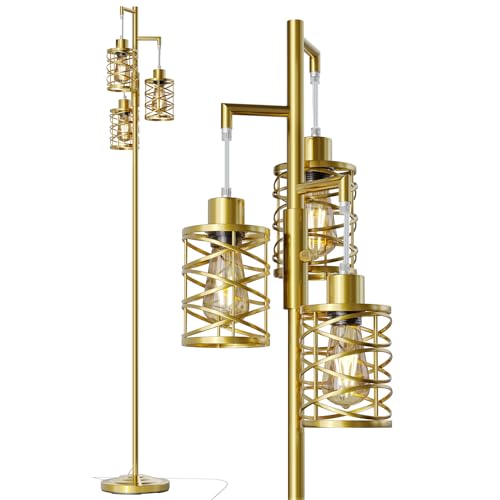 Image of Oneach 70 inch Industrial Floor Lamp, Stepless Dimmable Standing Lamp with 3 Bulbs, Farmhouse Corner Standing Tree Lamp for Living Room, Tall Lamps for Bedroom, Office, Study Room, Dining Room, Gold