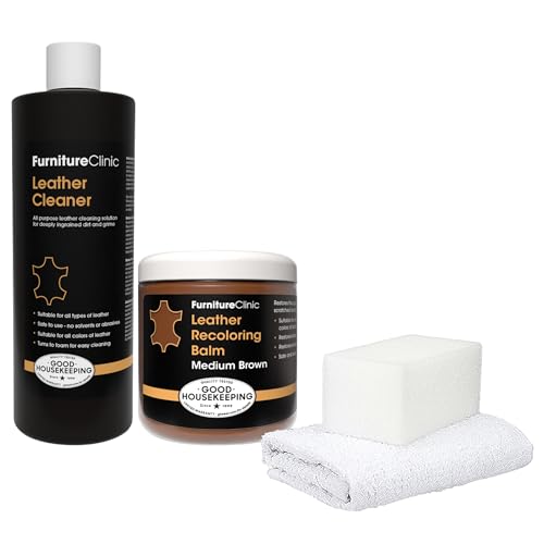 Furnitire Clinic Kit di restauro in pelle facile(marrone medio) | Include balsamo ricolorante, ultra pulito, spugna e panno per mobili, seggiolini auto, scarpe e borse