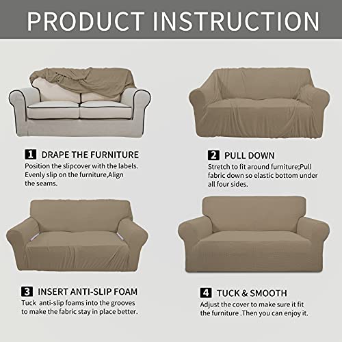 Image of Easy-Going Stretch Loveseat Slipcover 1-Piece Sofa Cover Furniture Protector Couch Soft with Elastic Bottom for Kids Polyester Spandex Jacquard Fabric Small Checks (Loveseat, Natural)