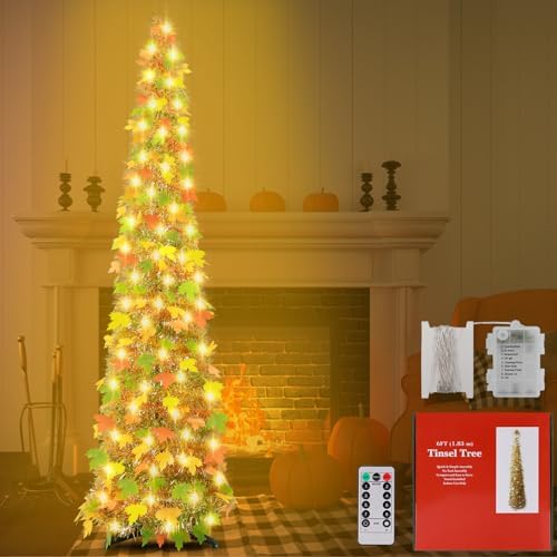 6FT Fall Pop Up Tree with 100 Lights, Lighted Fall Artificial Tinsel ...