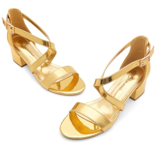 Image of Shoe Land SL-LESSA Women's Low Heels Open Toe Dress Heeled Sandals Cross Ankle Strap Chunky Block Short Heel Pumps Shoes for Office Prom Wedding Party