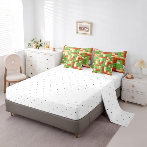 Image of Feelyou Building Block Print 7 Piece Bedding Set Full Size Kids Brick Styles Comforter Set with Sheets for Boys Teens Colorful Gaming Bed in a Bag Green Red Yellow Room Decor