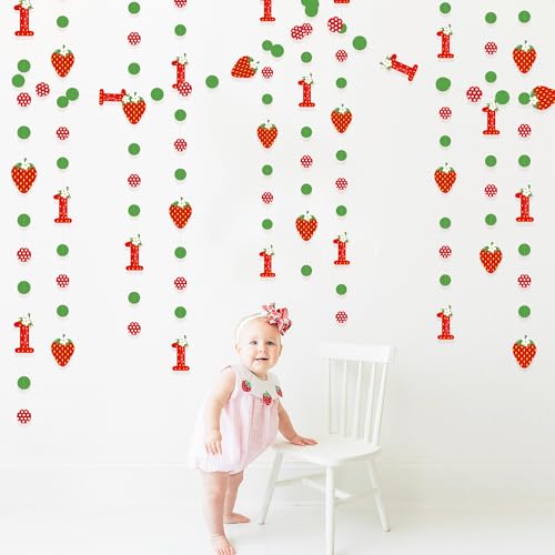 Image of pinkblume Strawberry 1st Birthday Party Decorations Sweet Strawberry Fruit Theme Circle Dot Garland One Berry First Birthday Polka Dots Streamer for Girl Happy 1st Year Decorations Supplies