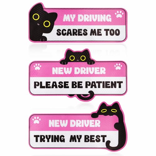 3Pcs New Driver Magnet for Car Cute Black Cat Student Driver Magnet Sticker for Car Please Be Patient Keep Distance Safety Reflective Sign Reusable Movable Bumper Stickers & New Driver Gifts