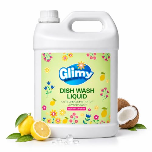 Image of GLIMY Dish Wash Liquid | 5.5 Litre Refill Pack | Glycerin Enriched | Coconut Based Surfactant | Powerful Grease Cutting | Safe on Hands | Kitchen Utensil Cleaner | Lemon Fragrance | Baby Safe