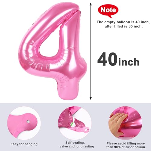 Image of 4 Balloon Numbers Birthday Decorations, 40In Pink Balloons for Men Women | Eye-catching Appearance, Perfect Decorative Centerpieces, Convenient Self-sealing Structure, Widely for Various Occasions