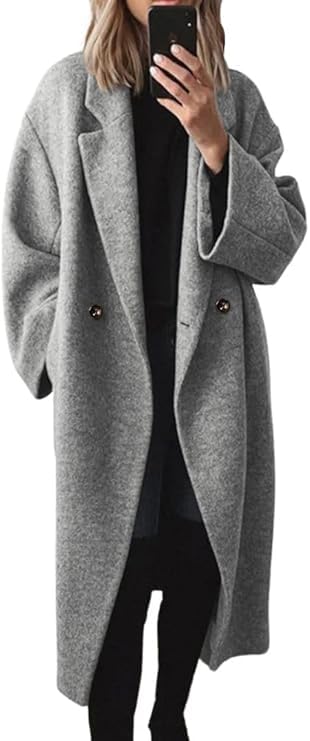 Womens Winter Wool Coat Blended Medium Length Jacket Double Breasted Long Sleeve Notch Lapel Long Trench Coat