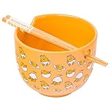 Silver Buffalo Sanrio Hello Kitty and Friends Gudetama I Can't Lazy Yellow Egg Ceramic Ramen Noodle Rice Bowl with Chopsticks, Microwave Safe, 20 Ounces