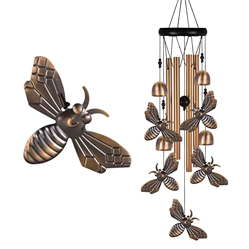 Bronze Bee Wind Chime, Gifts For Mom, Home, Garden, Balconies, Rooms, Patio, Indoor, Outdoor Bee Decoration, Bee Chimes, With 4 Aluminum Tubes 5 Bees Wind Chimes, Bee Wind Catcher, Bee Wind Bell Decor #TOP24