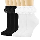 BIVOLU Womens Crew Socks Lace Ruffle Frilly Cotton Cute Princess Dress Socks White Black Two Layers